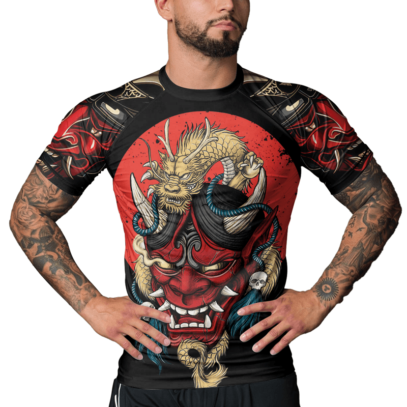 Rashninja Samurai Oni Mask And Dragon Men's Short Sleeve Rash Guard - Rashninja LLC