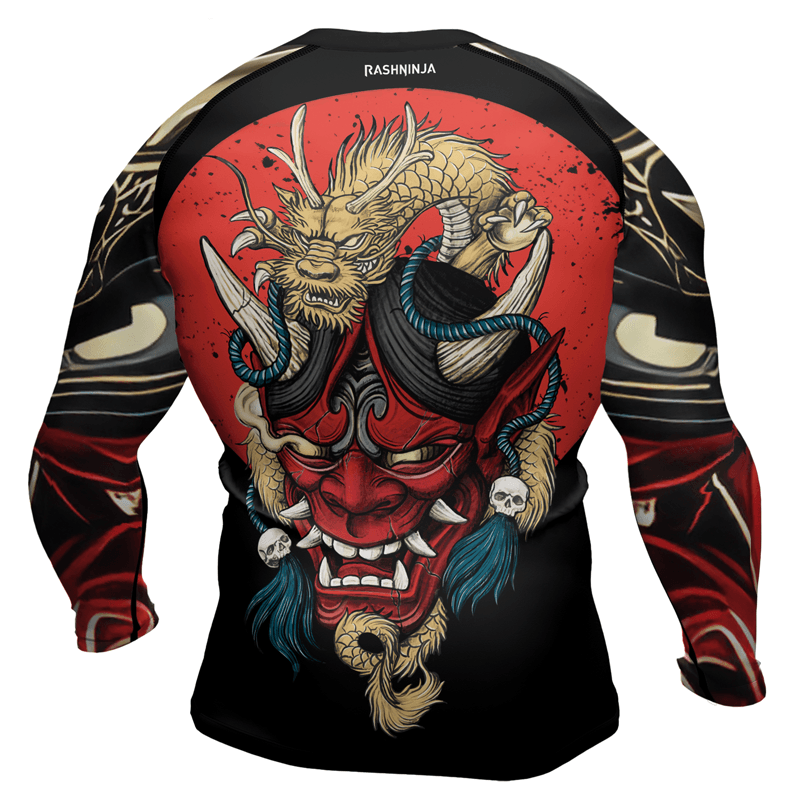 Rashninja Samurai Oni Mask And Dragon Men's Long Sleeve Rash Guard - Rashninja LLC