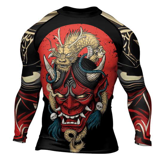 Rashninja Samurai Oni Mask And Dragon Men's Long Sleeve Rash Guard - Rashninja LLC