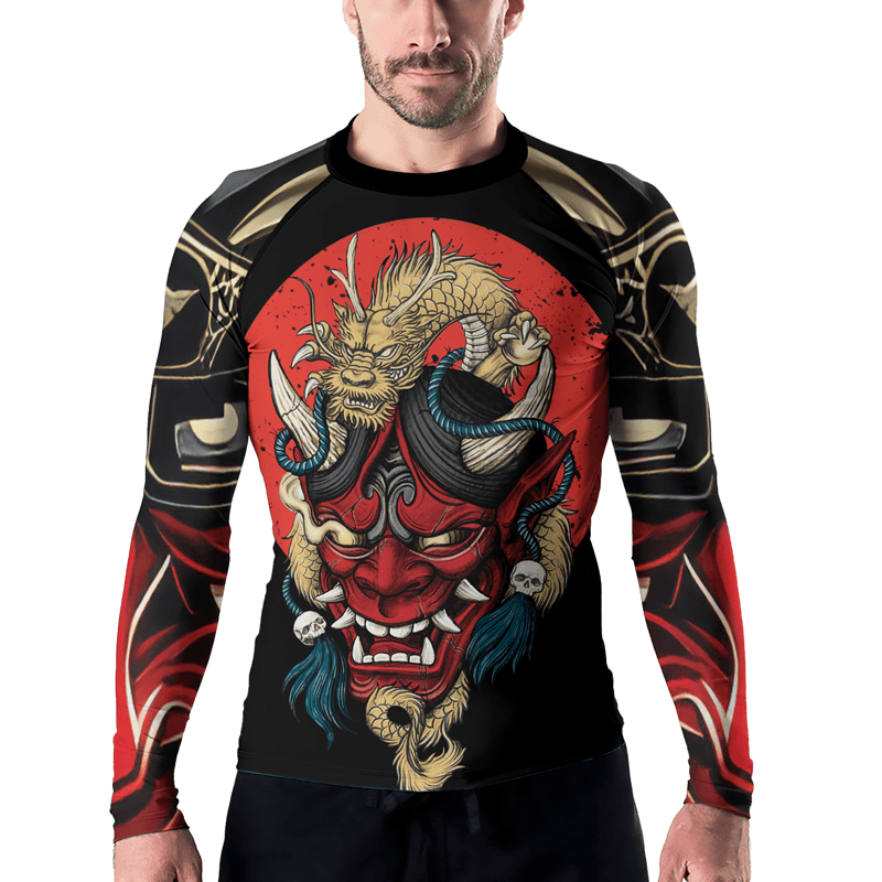 Rashninja Samurai Oni Mask And Dragon Men's Long Sleeve Rash Guard - Rashninja LLC