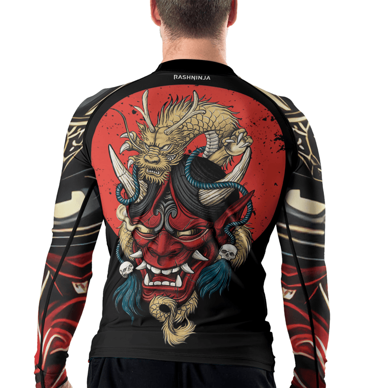 Rashninja Samurai Oni Mask And Dragon Men's Long Sleeve Rash Guard - Rashninja LLC