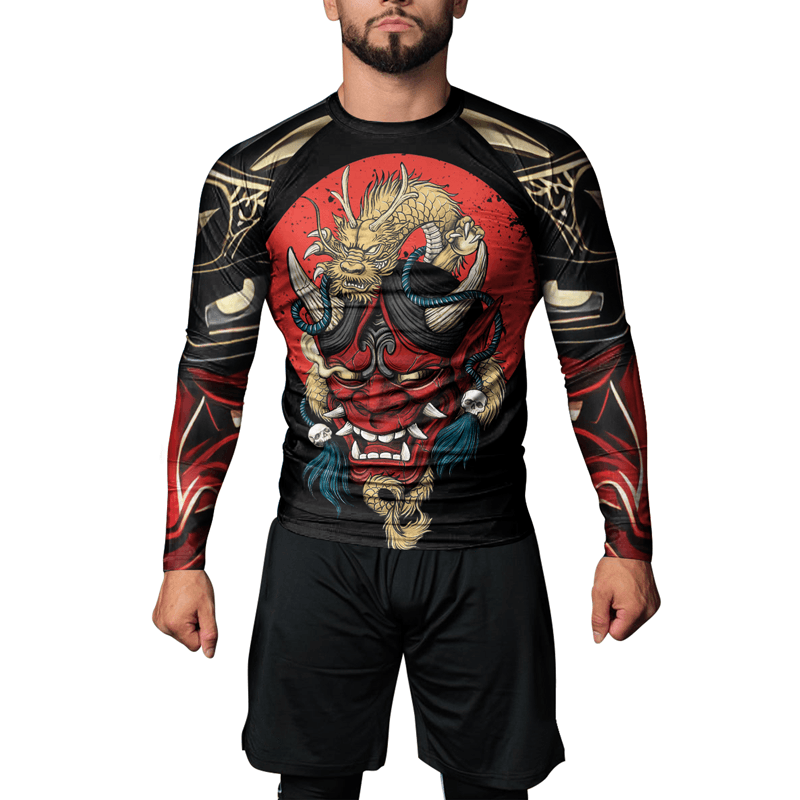 Rashninja Samurai Oni Mask And Dragon Men's Long Sleeve Rash Guard - Rashninja LLC