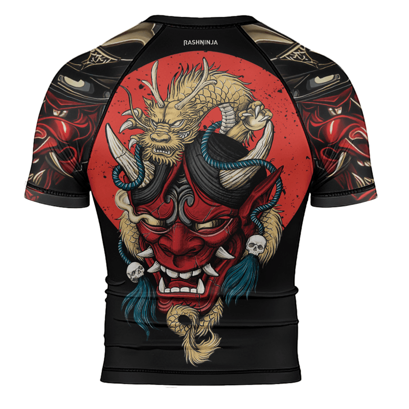 Rashninja Samurai Oni Mask And Dragon Men's Short Sleeve Rash Guard - Rashninja LLC
