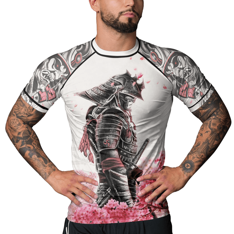 Rashninja Cherry Blossom Samurai Warrior Men's Short Sleeve Rash Guard - Rashninja LLC